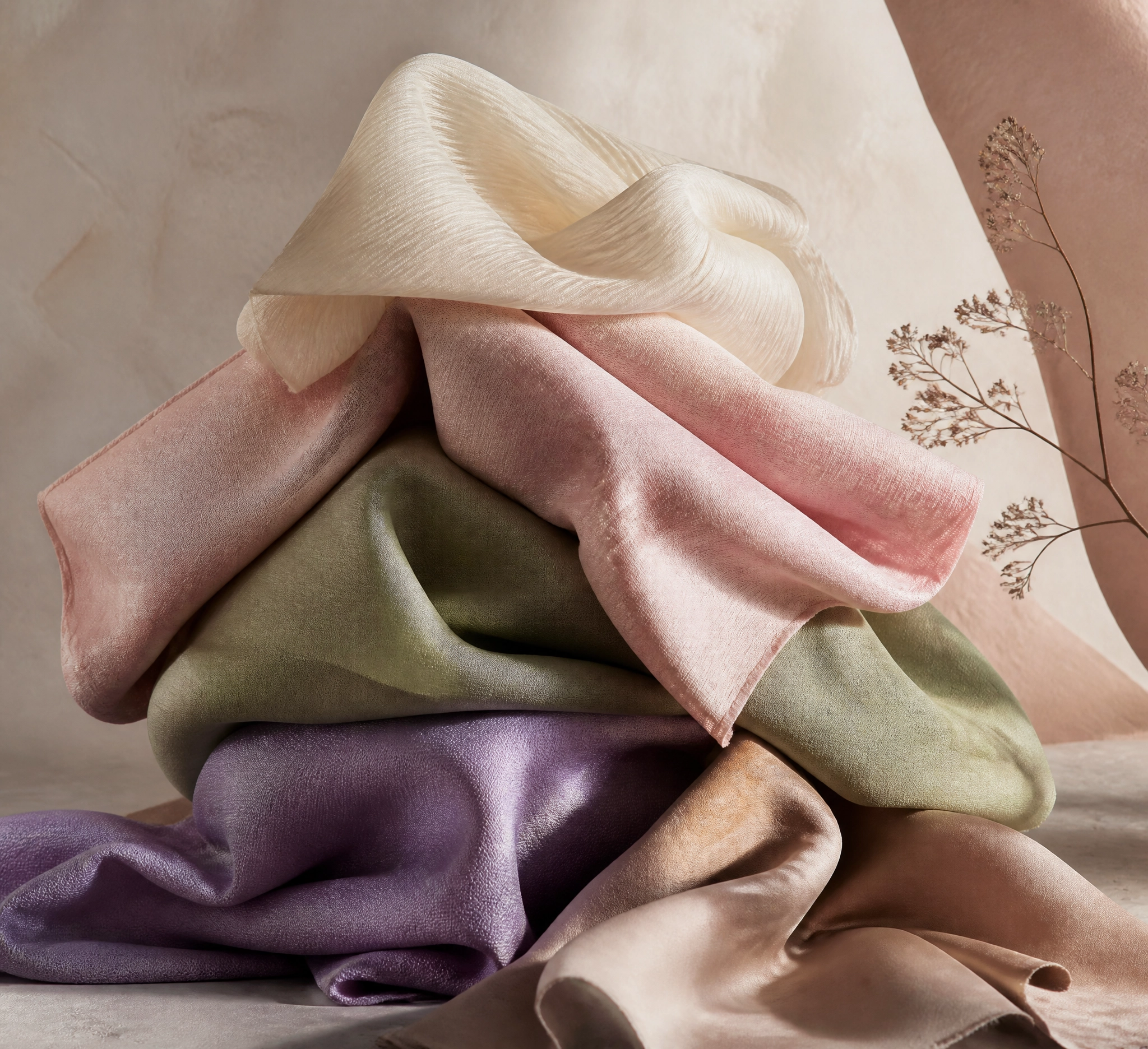 Cores têxteis esculturais em tons pastel