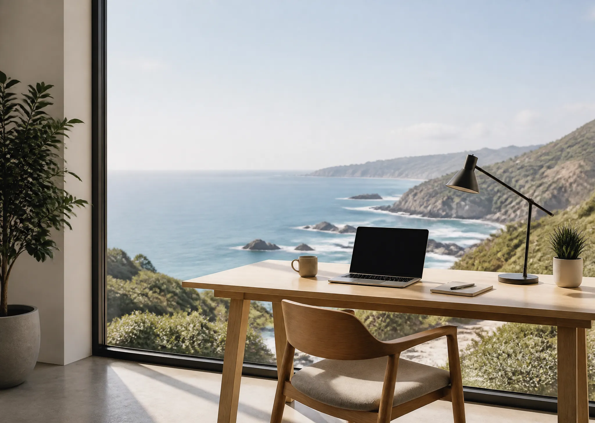Espaço de trabalho minimalista com vista para o litoral